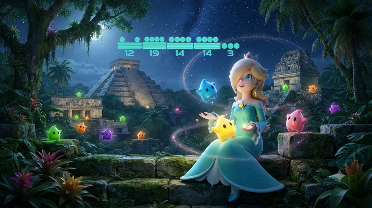 RosettaNebula01's tweet photo. #PrincessRosalina in the #Mayan archaeological zone #ChichenItza, #Yucatan, #Mexico. (Alternate archaeological zone scenery).

But, what does meaning 12.19.14.14.3 Mayan numbers? Those numbers represent November 1, 2007, the date Princess Rosalina debuted in #SuperMarioGalaxy. https://t.co/RezBQYUCMN