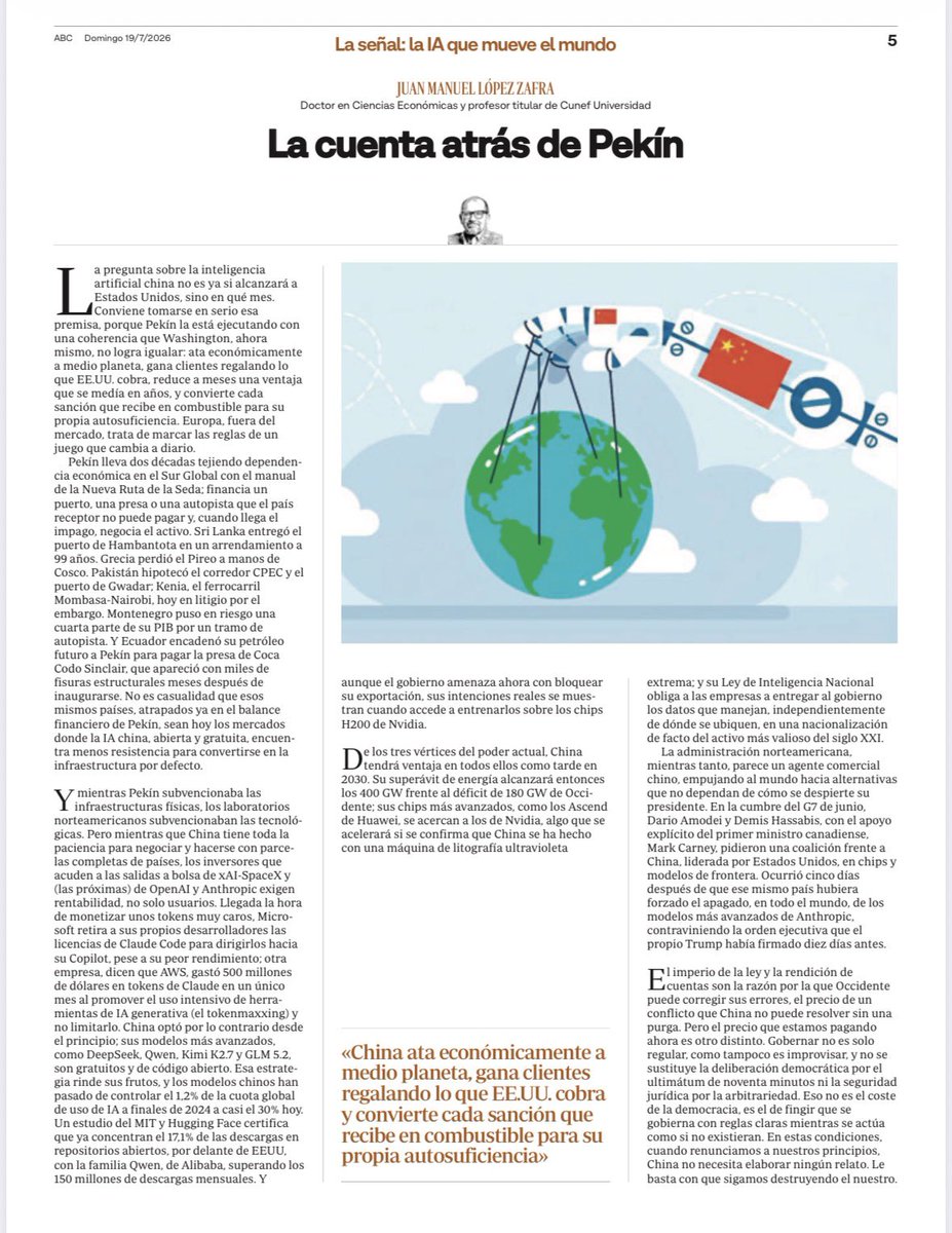 jmlopezzafra's tweet photo. Mientras Occidente regula, China construye dependencias, invierte en IA a lo grande y convierte las sanciones en combustible para su autosuficiencia.
Del Belt and Road a los chips y modelos open weights, la estrategia de dominación está en marcha.
Mi Señal de hoy en ABC. https://t.co/lHsSxNiizk