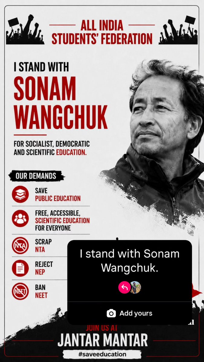 GAJENDRA_BHATNA's tweet photo. For our Future... We stand with Sonam sir 🇮🇳🇮🇳 @CJP_2029  @Cockroachisback  @Wangchuk66 https://t.co/8owkYsI7X4