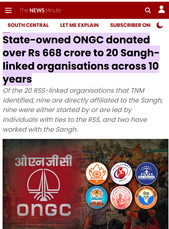 ranvijaylive's tweet photo. देश की सरकारी कंपनी ONGC ने 668 करोड़ रुपए RSS के जुड़े 20 संगठनों को द‍िया है - पिछले 10 साल में.

ये पैसा ONGC ने CSR फंड (कॉर्पोरेट सोशल रिस्पॉन्सिबिलिटी) के तहत द‍िया.

ONGC ने अलग-अलग संगठनों को 10 साल में CSR फंड से 4,531 करोड़ रुपए द‍िए. इसमें से 14.7% पैसा RSS से जुड़े 20 संगठनों को गया.