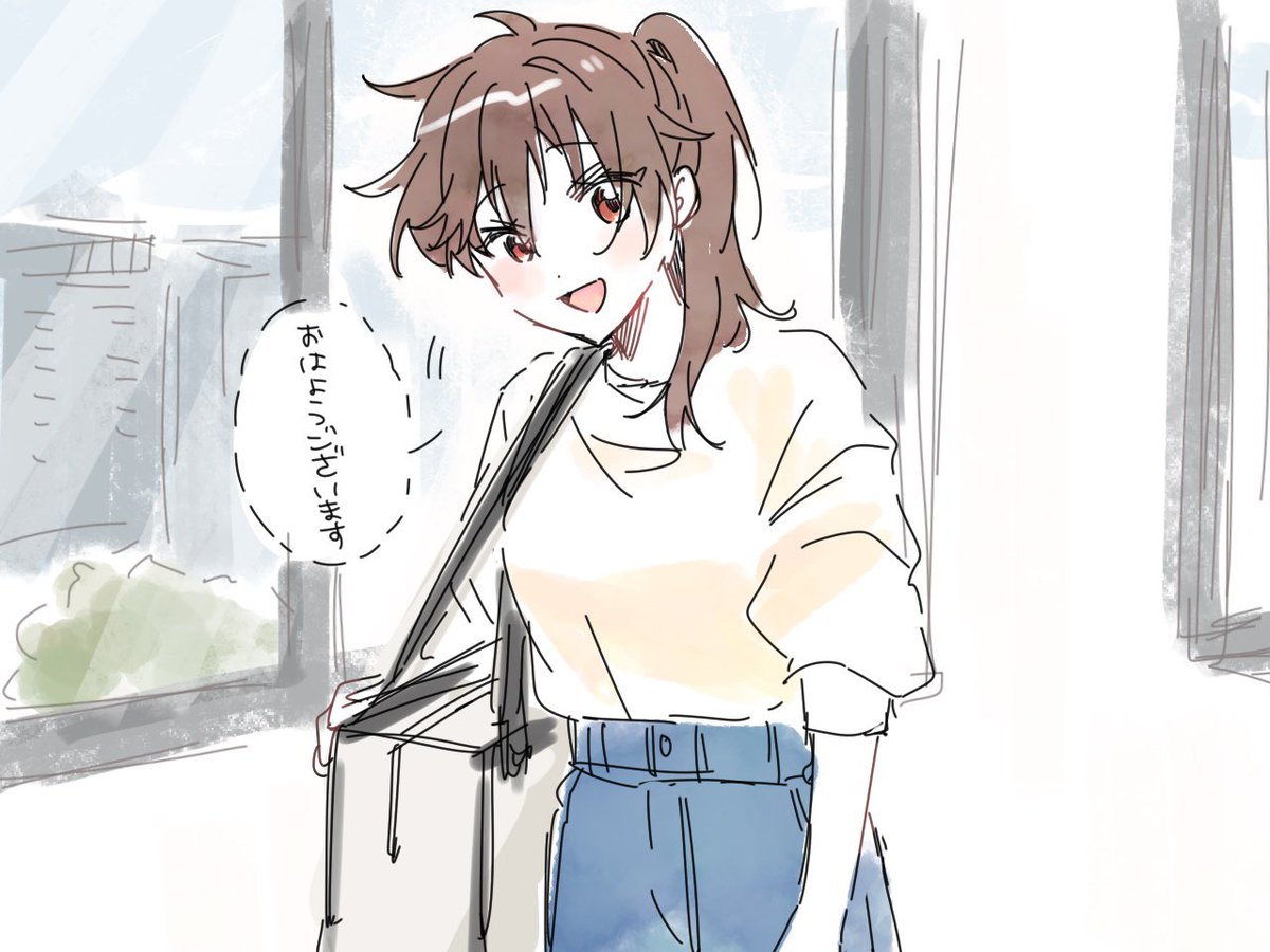 syn_kight's tweet photo. 眠そうなスタッフに小声で挨拶するちあみたい
⚠︎女体化 https://t.co/2hSgFhSPZb