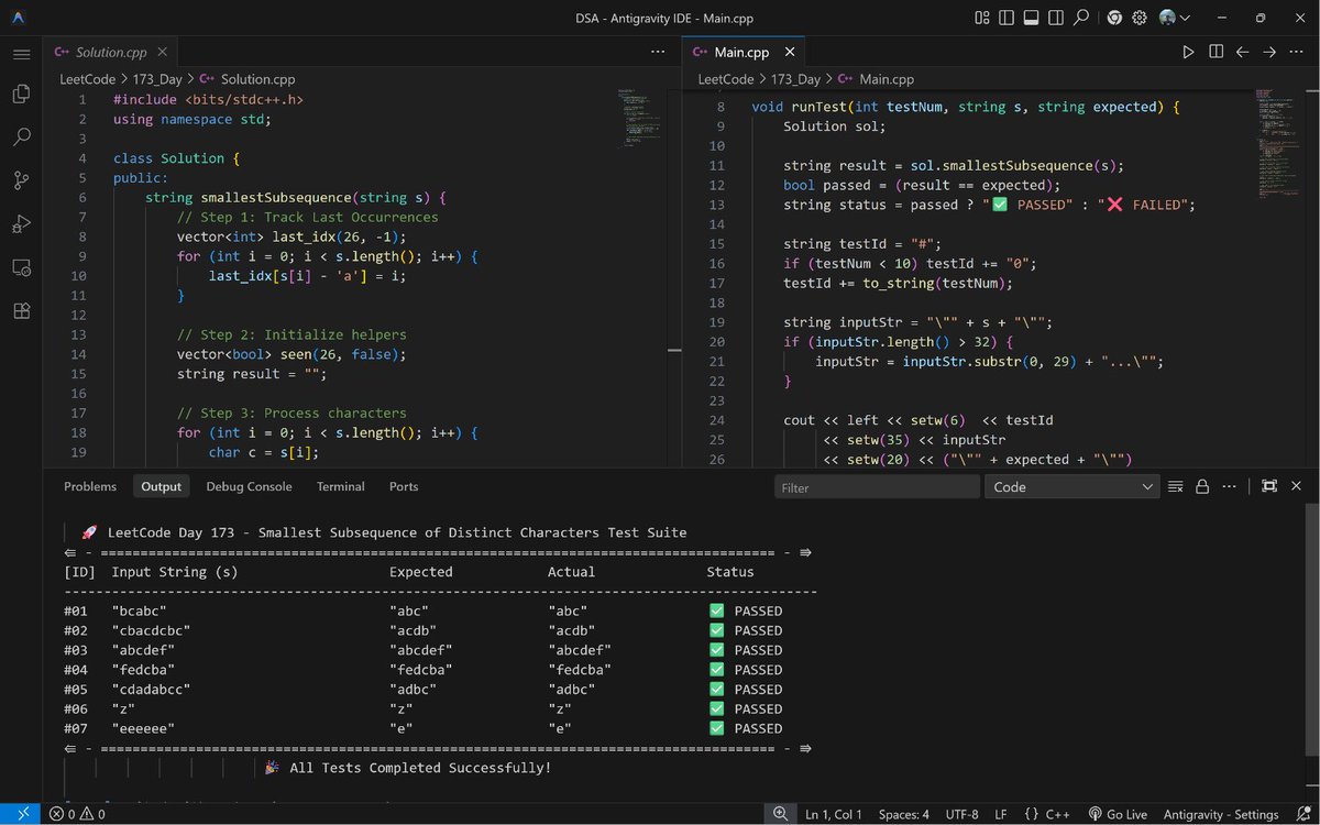 PankajB42550's tweet photo. 🚀 #Day 173/100 (Smallest Subsequence of Distinct Characters @LeetCode – #Daily)!
Key: Monotonic stack + last occurrence. Remove larger chars if they appear later.
⌛ O(n) | O(n)
✅ Accepted
@CoderArmy #100DaysOfCode #DSA #Stack #Greedy #String #DSA26 #DAY173 https://t.co/CQnMbg5O1o
