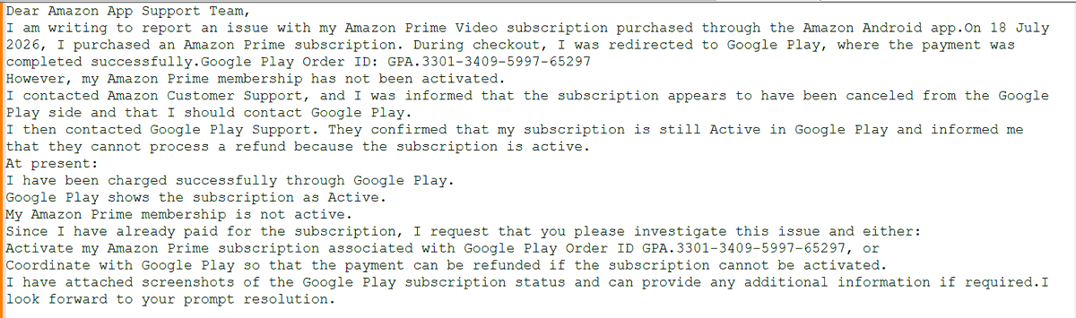 ami06rec's tweet photo. @amazonIN @GooglePlay @AmazonHelp I'm stuck between both support teams. I purchased an Amazon Prime subscription via Google Play (Order ID: GPA.3301-XXXX-XXXX-65297). Google Play shows it as Active, but Amazon hasn't activated my Prime membership. Amazon says Google canceled it, https://t.co/uWPD6kq7pt
