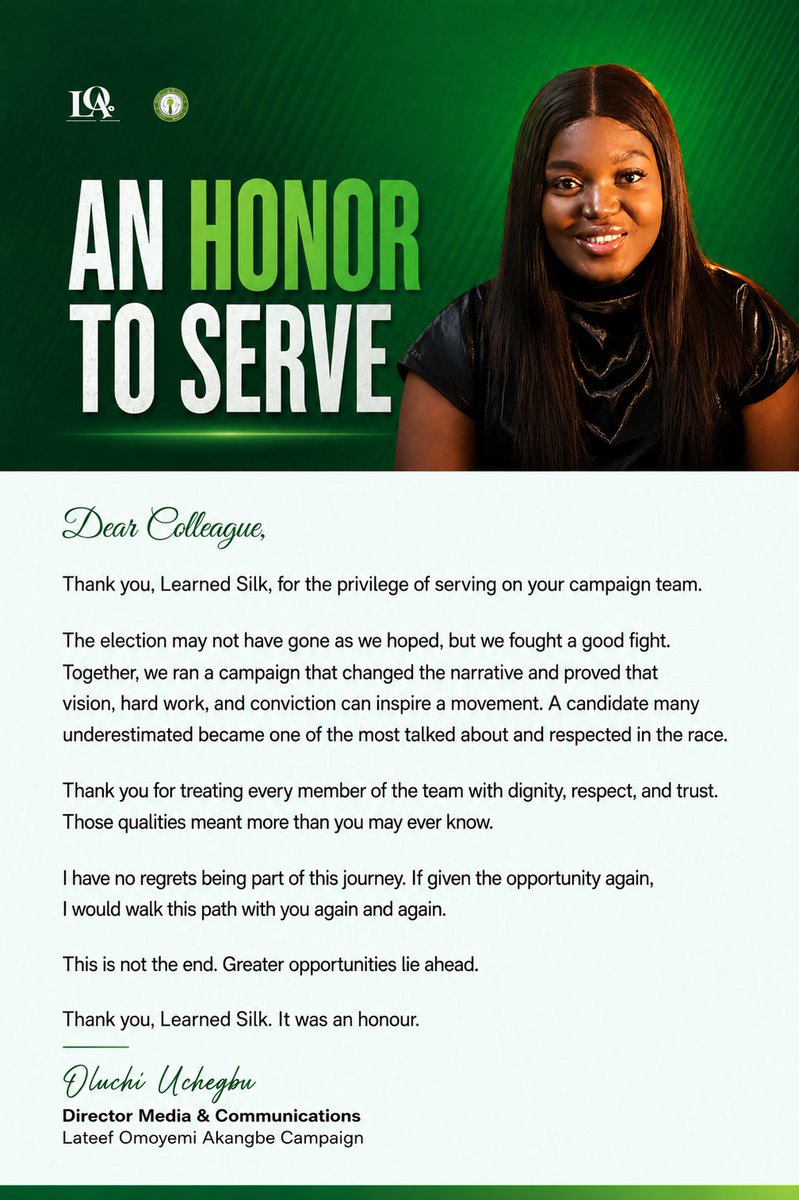 oluchiforeva's tweet photo. We proved that vision, integrity and teamwork can inspire a movement. Thank you, Learned Silk, for your trust and exemplary leadership. It was an honour to serve. No regrets. I’d gladly do it again. 

Thank you to everyone who made this journey worthwhile @OmoyemiAkangbe https://t.co/B1f2Lnkjs8
