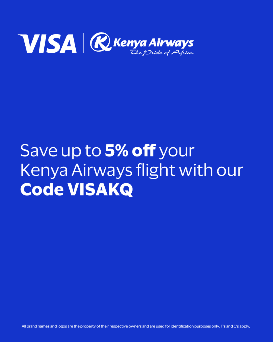 NCBABankKenya's tweet photo. Escape to the coast! We believe in your dream getaway, so use code VISAKQ on your NCBA Visa for 5% off local Kenya Airways https://t.co/OBhsUNrODx by 30 Sept: https://t.co/yTSMTm7r6G .T&Cs apply
#HapaNiWapi #TembeaKenya #PayWithVisa #KenyaAirways #Goforit #NCBATwendeMbele https://t.co/llaEYLT3Af