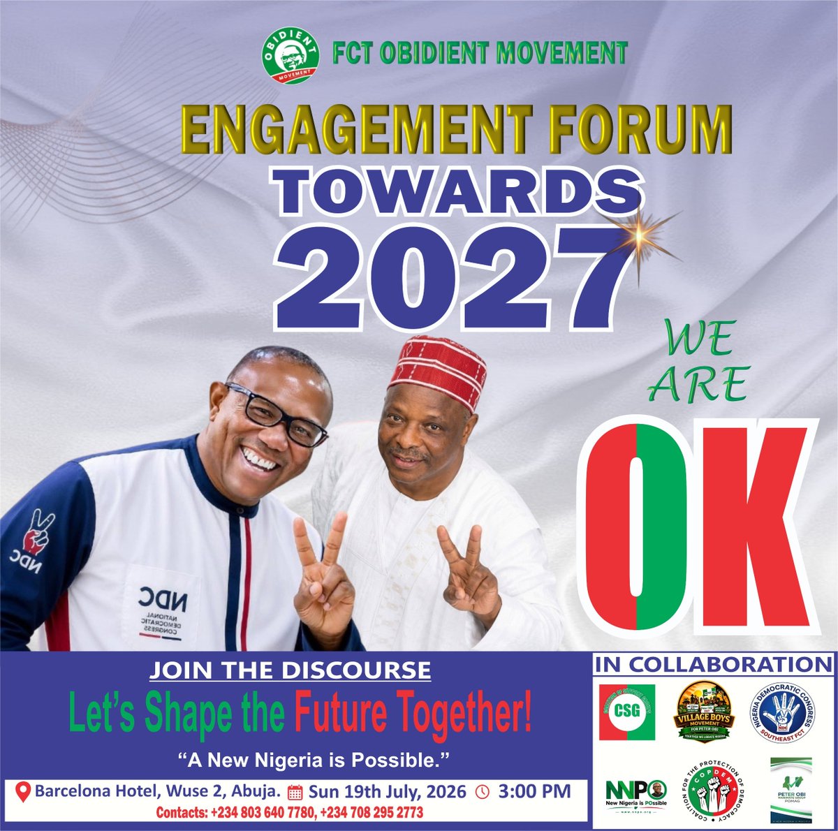 YunusaTanko's tweet photo. Good morning, everyone.

Join us today as we once again celebrate the birthday of His Excellency Peter Obi (PO), giving thanks to Almighty Allah for preserving his life and granting him another year as he continues his journey toward rebuilding the Nigeria of our dreams as the President of Nigeria.

The programme is as follows:

*FCT OBIDIENT MOVEMENT TO COMMEMORATE PETER OBI’S BIRTHDAY WITH CHARITY VISITS*  
_19th July, 2026_

In commemoration of *Mr. Peter Obi’s birthday*, the *FCT Obidient Movement* has earmarked *3 locations in Bwari Area Council, FCT Abuja* for humanitarian visits tomorrow, *Sunday 19th July, 2026*.

The visits are part of our commitment to _service, compassion, and community impact_ — values that reflect the message: *“A New Nigeria Is Possible.”*

*Scheduled Visits:*
1. *Bwari General Hospital, FCT Abuja – Children’s Ward*  
   We will spend time with children on admission, offer support, and donate essential items to aid their recovery and wellbeing.

2. *GABIC Hospital and Maternity, Bwari, FCT Abuja*  
   A visit to mothers and newborns to celebrate life and provide support to families at this critical stage.

3. *Motherless Babies Home, Kuchiko, Bwari, Abuja*  
   We will fellowship with the children, share gifts, and reaffirm our commitment to caring for the most vulnerable in our society.

The FCT Obidient Movement believes that true leadership is measured by service to the people, especially to children and families in need.

We invite well-meaning Nigerians, volunteers, and the media to join us as we mark this day with acts of kindness.

*#PeterObiAt65*  
*#ANewNigeriaIsPossible*  
*#FCTObidientMovement*  
_We Are OK_

---