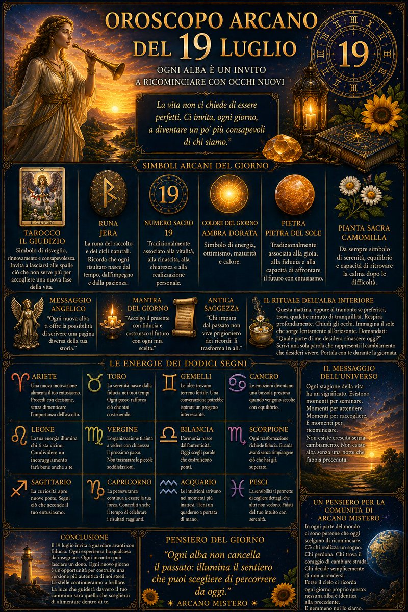 GASPERIMAURIZIO's tweet photo. ARCANO MISTERO  oroscopo tarocchi Soldi  oracolo  salute superenalotto: OROSCOPO ARCANO DEL 19 LUGLIO – OGNI ALBA È UN INV... https://t.co/jPnvcWlTKb https://t.co/9W5lKkRMEE