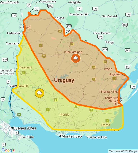 Inumet_'s tweet photo. Advertencia naranja por Tormentas fuertes y puntualmente severas
Advertencia amarilla por Tormentas puntualmente fuertes
Se actualizará a las 06:00 o ante cambios significativos

Más info: https://t.co/zY2u8OFmLu https://t.co/6B6lrebLkk