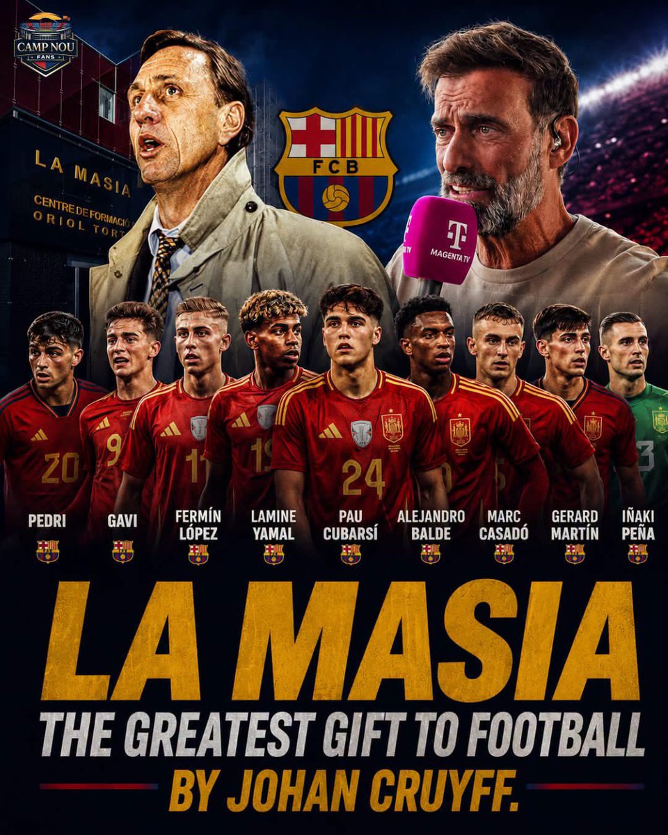 FootballDNAHQ's tweet photo. 🚨 Jurgen Klopp: “La Masia is the greatest gift to football by Johan Cruyff.” ❤️💙

With 9 La Masia graduates set to feature in the FIFA World Cup final, Barcelona’s legendary academy continues to shape football history. A legacy built on excellence. 🌍⚽
#LaMasia #Worldcupfinal https://t.co/ynD4cj9ZmO
