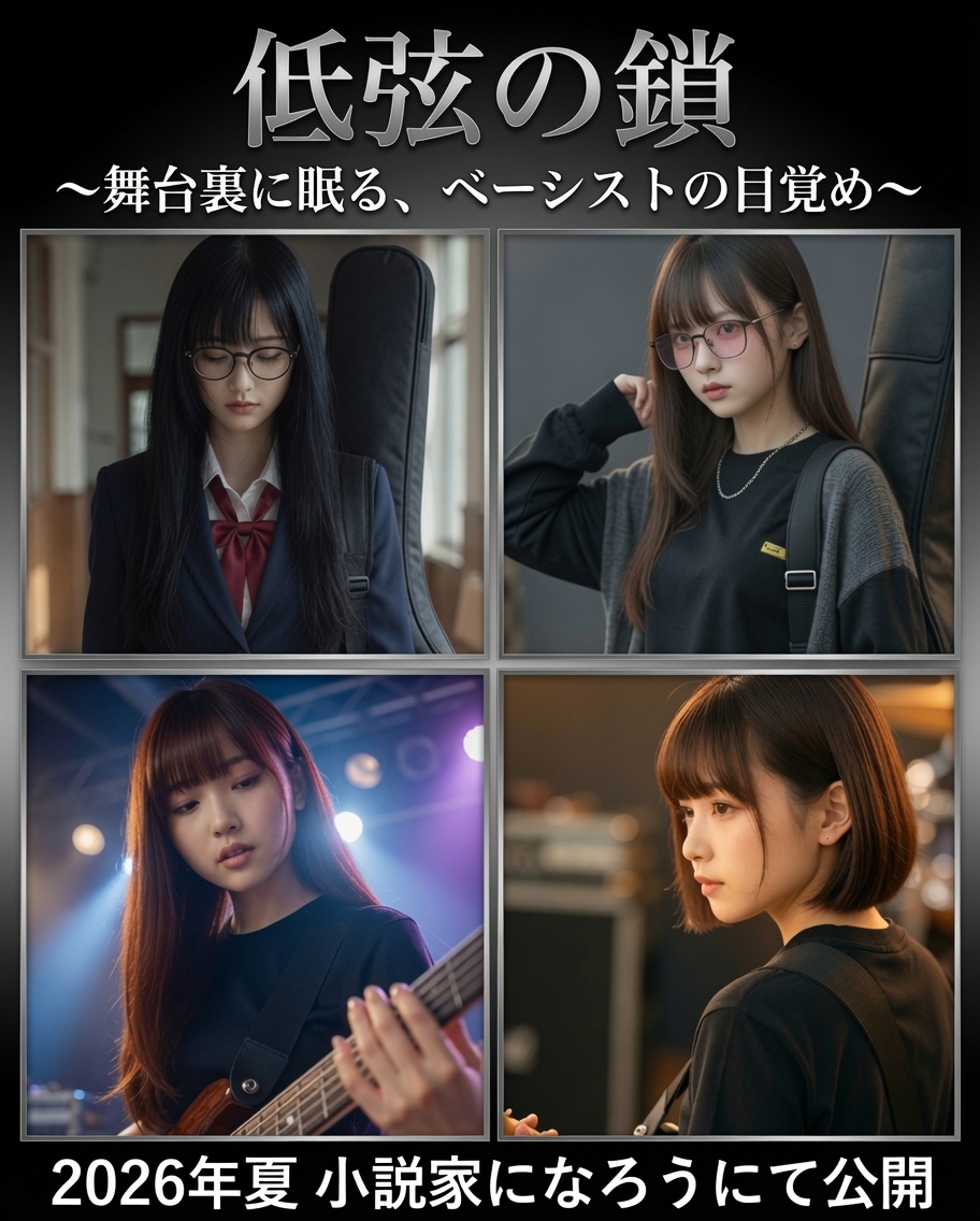 MEGANE_Kinusaki's tweet photo. 新作音楽小説『低弦の鎖』

影の中で低音を封じていた少女が、鉄の鎖を解き放ち、ステージの光へと飛び立つ

内面の成長だけでなく、ビジュアル面でも大きく変化する主人公の物語

全23話の音楽成長譚。この夏、小説家になろうにて公開予定。どうぞ、お楽しみに

#小説家になろう #narou #AIイラスト https://t.co/81rmREbCek