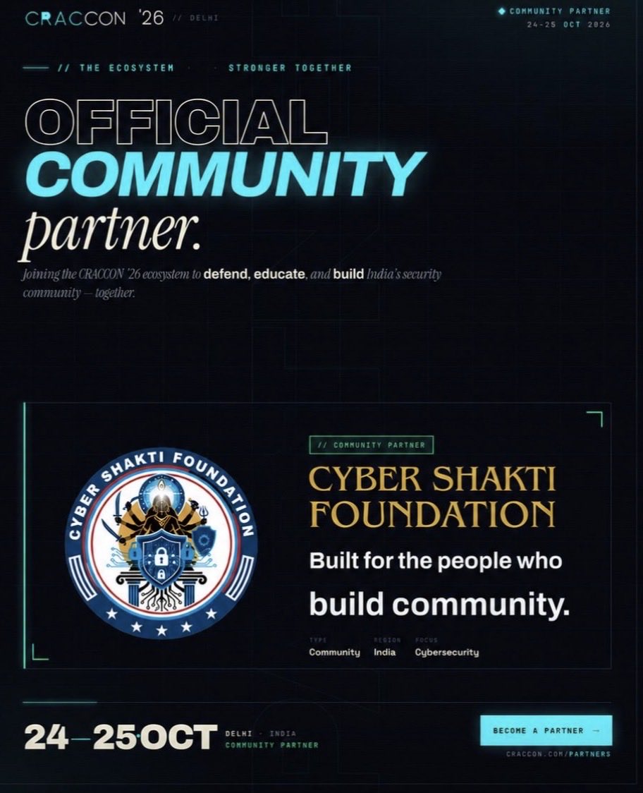 CyberShaktiCSF's tweet photo. We are proud to join CRACCON ’26 as the Official Community Partner. Together, we remain committed to advancing cybersecurity through collaboration, knowledge sharing, and community engagement. We look forward to contributing to a stronger and more resilient security ecosystem. https://t.co/sT4cM8rjIP