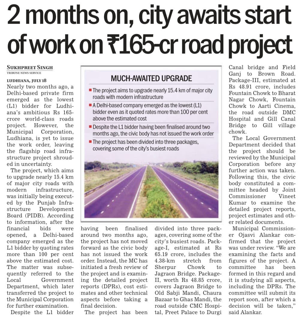 DewanPawan's tweet photo. #Ludhiana’s ₹165-cr #road upgrade #project is stalled. The lowest bidder quoted over 100% above the estimated cost! While the @mcldhofficial sets up a committee to review the project, residents continue to wait for better #roads. @harjotbains
#PoorRoads #PatheticInfrastructure https://t.co/1btyPZY8D5