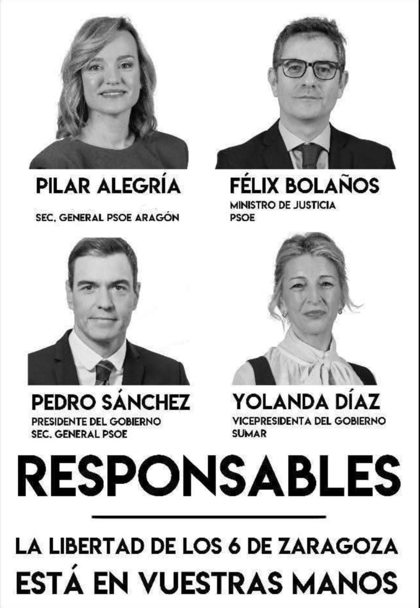 unodeldiezE's tweet photo. 8️⃣2️⃣5️⃣ días en prisión los jóvenes antifascistas Imad y Daniel -de los #6deZaragoza- condenados por MANIFESTARSE ante la extrema derecha.
¡Enhorabuena .@PsoE .@sanchezcastejon! Seguís teniendo PRESOS POLÍTICOS víctimas de lawfare en la "ejemplar democracia" española!
.@desdelamoncloa .@felixbolanosg .@PSOE .@Yolanda_Diaz_ .@sumar
.@IzquierdaUnida.@EnriqueSantiago .@MailloAntonio
¡INDULTO para ambos, DEROGACIÓN de la #LeyMordaza y REFORMA NO PUNITIVA del Código Penal! 

Apoya y sigue a .@Libertad6Zgz
#Zaragoza