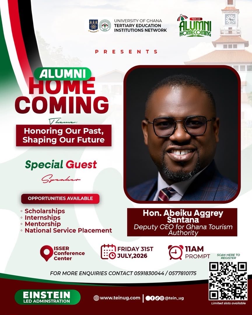 tein_ug's tweet photo. Meet Hon @AbeikuSantana , Deputy CEO of the Ghana Tourism Authority, as a special guest at the TEIN-UG Alumni Homecoming 2026.

📅 31 July 2026 | 🕚 11:00 AM
📍 ISSER Conference Center

Register: https://t.co/qixYyHfdD9

#TEINUG #AlumniHomecoming2026 https://t.co/bFyUAI3qry