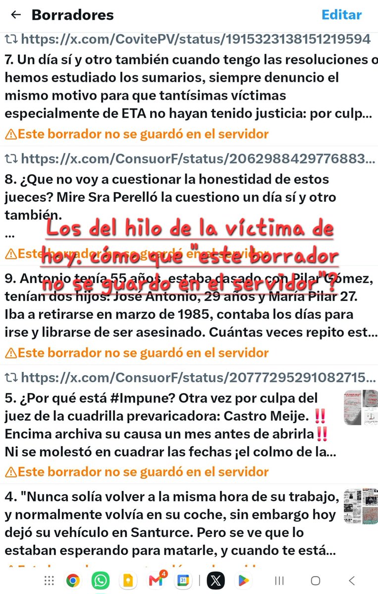 ConsuorF's tweet photo. Estoy desesperada con @X hoy no me deja publicar todos los post que acompañan a este hilo de esta víctima. Desde hace 2 semanas tengo la carpeta de borradores llena, son post que están ya publicados y no hay manera de borrarlos. Y este hilo de hoy solo me publica el primer tuit y el resto no.

¡No puedo más! @elonmusk eres una desgracia para esta red social. Si sigo es por mis seguidores y por las víctimas que recuerdo todos los días.