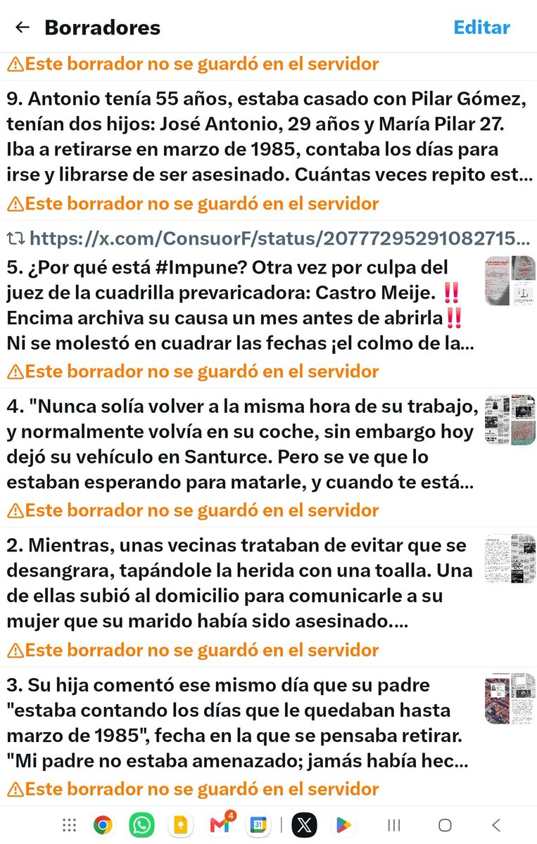 ConsuorF's tweet photo. Estoy desesperada con @X hoy no me deja publicar todos los post que acompañan a este hilo de esta víctima. Desde hace 2 semanas tengo la carpeta de borradores llena, son post que están ya publicados y no hay manera de borrarlos. Y este hilo de hoy solo me publica el primer tuit y el resto no.

¡No puedo más! @elonmusk eres una desgracia para esta red social. Si sigo es por mis seguidores y por las víctimas que recuerdo todos los días.