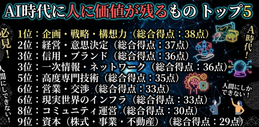 IT_AI_monetize's tweet photo. AI時代に「人」に残る価値を推論をしてみました。 https://t.co/Amg9zRtdpp