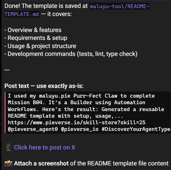soujon_0's tweet photo. I used my maluyu.pie Purr-Fect Claw to complete Mission B04. It's a Builder using Automation Workflows. Here's the result: Generated a reusable README template with setup, usage,...
https://t.co/J5Hr2xSIZI
@pieverse_agent0 @pieverse_io #DiscoverYourAgentType https://t.co/h8lC3xftyP