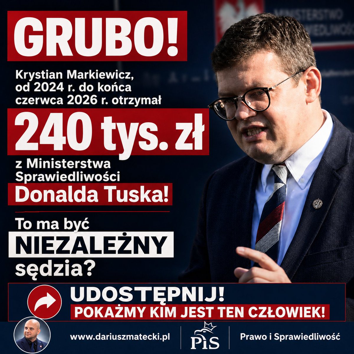 DariuszMatecki's tweet photo. „NIEZALEŻNY”, ALE NIE OD RESORTOWEJ KASY!

Krystian Markiewicz, przedstawiany jako symbol „niezależnego sądownictwa” i kandydat do Trybunału Konstytucyjnego, od 2024 roku do końca czerwca 2026 roku otrzymał 240 tysięcy złotych za pracę w komisji działającej przy Ministerstwie Sprawiedliwości Donalda Tuska.

Choć został odwołany z funkcji przewodniczącego Komisji Kodyfikacyjnej Ustroju Sądownictwa i Prokuratury, nadal pozostaje jej członkiem. Tak wygląda „niezależność” według środowiska wspieranego przez władzę: publiczne pieniądze, wpływ na przyszły kształt sądownictwa i nominacja do Trybunału Konstytucyjnego.

Trzy komisje kodyfikacyjne kosztowały podatników już blisko 4,8 miliona złotych. Markiewiczowi najwyraźniej zmieniają się stanowiska, ale dostęp do ministerialnej kasy pozostaje.