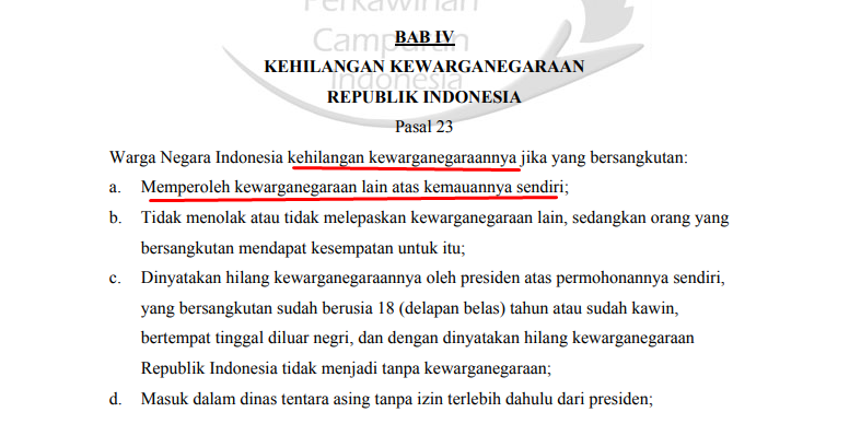 ferrykoto's tweet photo. 😂😂

Aturan aneh, kalau sudah menjadi warga negara lain, ngapain urus permohonan untuk melepas status WNI?

Kan menurut pasal 23 UU No 12/2006 ttg Kewarganegaraan, otomatis hilang status WNI jika seseorang menerima kewargaan negara lain. https://t.co/7n6tvOBGTq