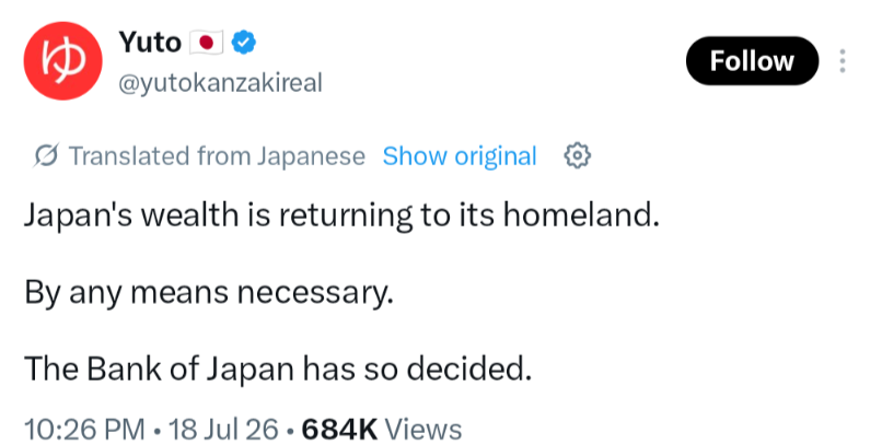 macropaperr's tweet photo. JAPAN JUST DECLARED WAR ON THE US TREASURY MARKET.

Finance Minister Satsuki Katayama said the government wants pension funds, including GPIF, the world's largest pension fund, to make substantially greater investments in Japanese assets instead of foreign ones.

GPIF manages $1.8 trillion. About $930 billion of that sits in the portion officials are now discussing. 

Over the past decade, GPIF bought $210 billion more in foreign bonds than in Japanese debt.

Japanese investors already sold $29.6 billion of US Treasuries in the first quarter of 2026.

After Katayama's comments, the yen strengthened and Japan's 10-year bond yield fell 7 basis points in a single session, the largest JGB rally in almost two years.

The Bank of Japan also raised interest rates 25 basis points this week, adding further incentive for capital to stay in Japan instead of flowing abroad.

Goldman Sachs called this shift a slow burn, not a fire sale, since large funds like GPIF move in stages and still have to hit return targets. 

But the direction is set. 

After decades of funding foreign markets, including the US, Japan is now working to keep that capital at home.