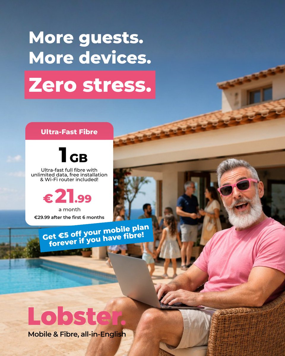 lobster_es's tweet photo. Summer’s here, and so are the guests 🏡

That means more video calls, more streaming, more scrolling... and a lot more devices connected to your WiFi.

Lobster’s ultra-fast fibre is built to keep everyone online, so you can enjoy time with family and friends without hearing, "has the WiFi gone off?" 😅

Visit https://t.co/NAIVsS3LAD or call 1661 for more information.