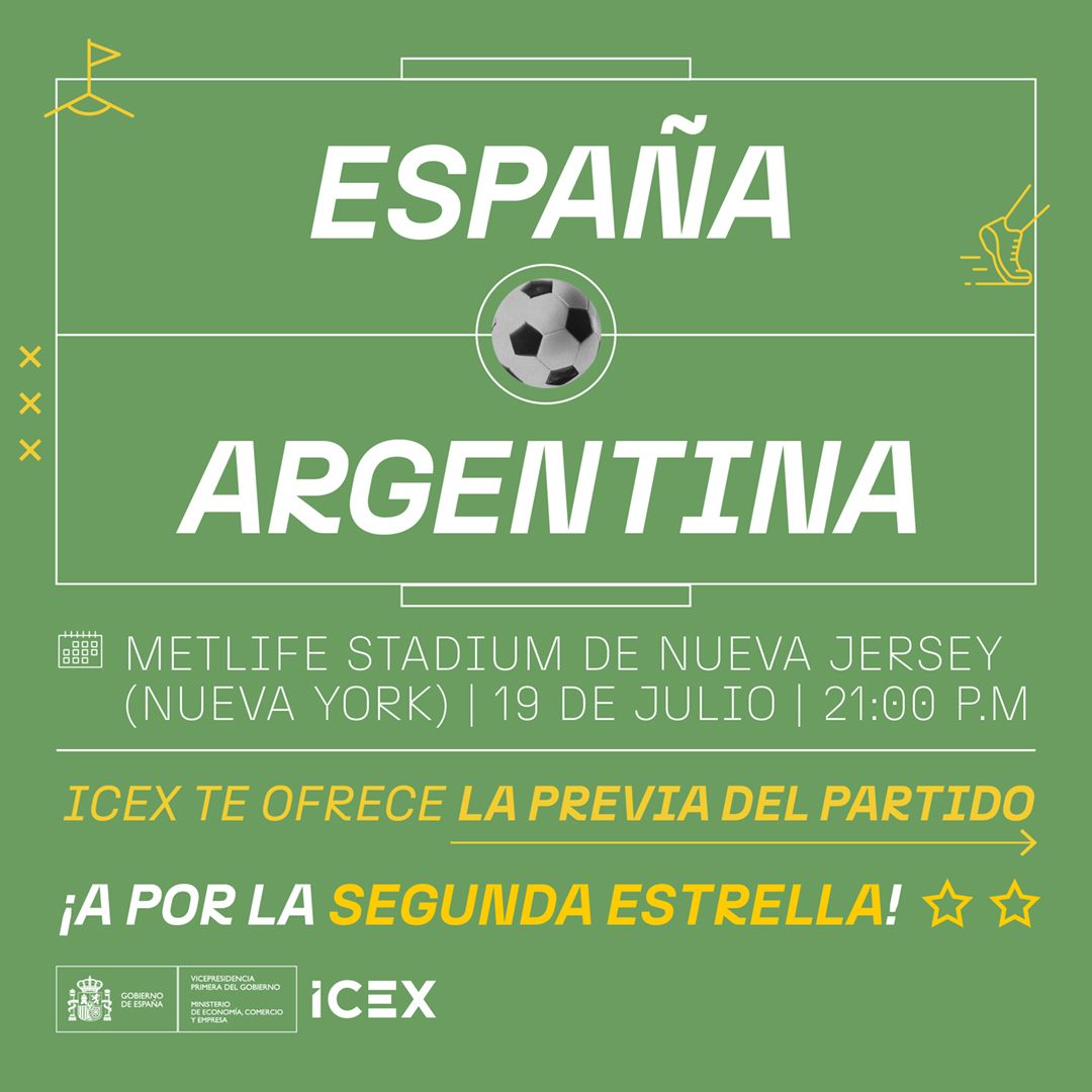 ICEX_'s tweet photo. ⚽🏆 Es el momento, estamos preparados y tenemos la mentalidad muy positiva, ¡Es hora de la final!

Por segunda vez en nuestra historia la selección española se mete en una final tan importante, contamos con grandísimos jugadores que lo han dado todo para llegar hasta aquí, ¡nuestras superestrellas ⭐️!

Enfrente está la Argentina de Messi y aunque sabemos que no nos lo pondrá fácil, vamos a darlo todo durante el partido.

Pero si hablamos de la relación entre España y Argentina, hablamos de otra cosa:

🥉 Con más de 1.075 millones de euros en exportaciones españolas y un mercado argentino que creció un 4,4% en 2025, nuestro vínculo es tan fuerte en los negocios como nuestra rivalidad hoy en la cancha

🚗 Desde España, exportamos a Argentina principalmente máquinas y aparatos mecánicos, seguidos de automoción, aparatos y material eléctrico, perfumes y productos farmacéuticos.

🔗 Si quieres saber más sobre las oportunidades que presenta Argentina para las empresas y los inversores españoles, consulta el informe-país actualizado a 2026 que ha elaborado la Oficina Económica y Comercial de España en Buenos Aires: https://t.co/v9Bg2W4Qli

¡VAMOS, ESPAÑA! A POR NUESTRA SEGUNDA ESTRELLA ✨