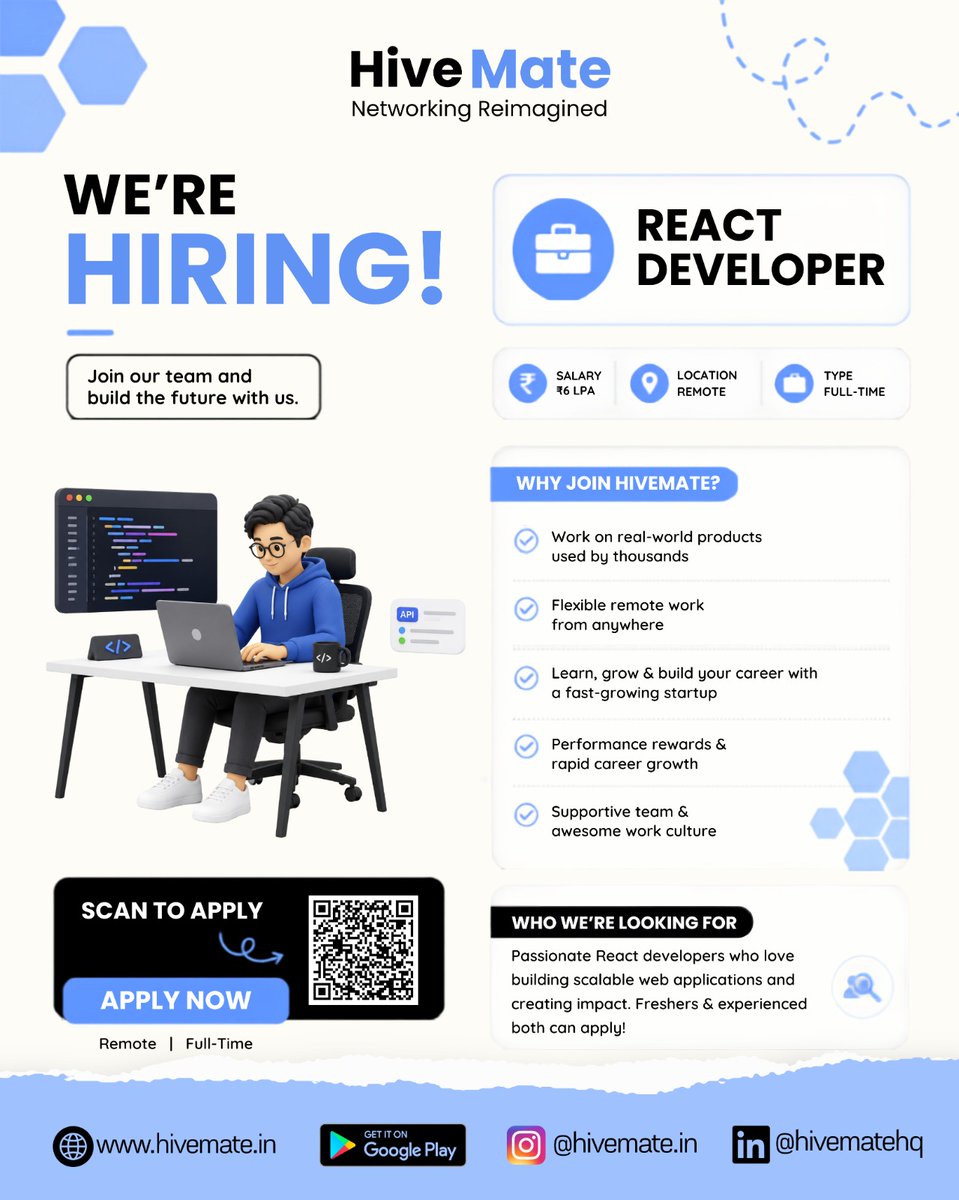 Hivematehq's tweet photo. 📢 We're hiring a React Developer at HiveMate.

💰 ₹6 LPA
📍 Remote | 💼 Full-Time

If you're passionate about building modern web applications, we'd love to hear from you.
Apply: https://t.co/kVnW1Ui1HH

#Hiring #ReactDeveloper #ReactJS #Frontend #WebDevelopment #HiveMate https://t.co/yIuV2m8nZD