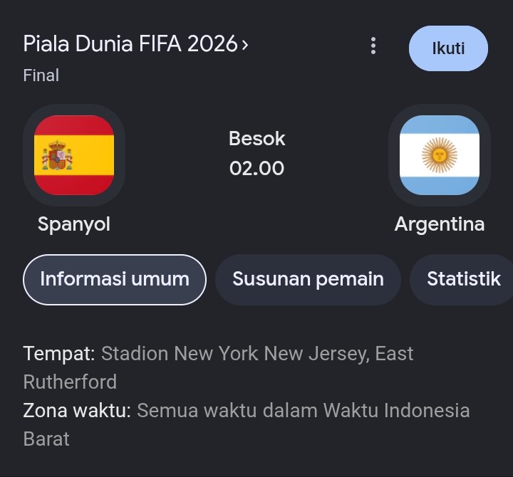 UTDFreya's tweet photo. 📢QUIZ TEBAK SKOR BERHADIAH 50K (2 orang masing-masing 25K)

🇪🇸 Spanyol vs 🇦🇷Argentina
Final FIFA World Cup 2026
20/07/2026 • 02.00 WIB

Syaratnya:
1. Like + RT postingan ini
2. Tebak skor akhir (kalo sampe extra time dihitung pas extra time berakhir)
3. Pencetak gol terakhir
4. Boleh menebak maksimal 3 kali
5. Follow akun ini

Contoh : Spanyol 1-1 Argentina (Lionel Messi)

Quiz ditutup saat kick off, good luck guyss😋

#WorldCup2026 #FIFAWorldCup