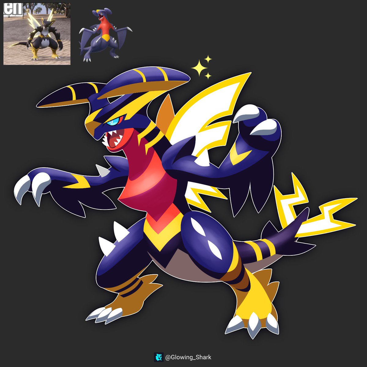 Glowing_Shark's tweet photo. What do you think of this one? 
They look pretty similar too 🤔✨
Garchomp x Orserk
#pokemon #palworld https://t.co/lwUIAfsydg