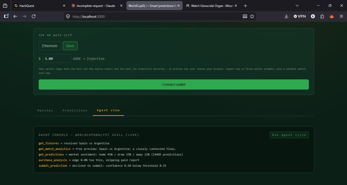fr_knights's tweet photo. WorldCupIQ: AI World Cup predictions on Injective. x402 micropayments ($0.01/report), CCTP USDC bridging, MCP Server with 7 AI tools, and Agent Skills for autonomous prediction. #InjectiveGlobalCupHackathon @injective @NinjaLabsHQ @NinjaLabsCN https://t.co/tAqpZyWp2p