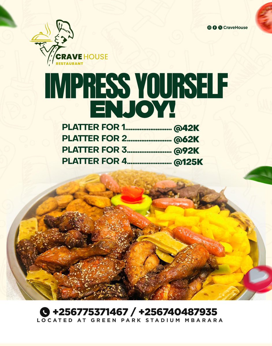 CraveHouse2's tweet photo. Make your Sunday special with a scrumptious meal from #CraveHouseRestaurant located @greenparkug . Our range of platters will satisfy your cravings without breaking the bank, starting from just 42k. Call +256775371467 for delivery options today!😋 https://t.co/1t54LuxIux