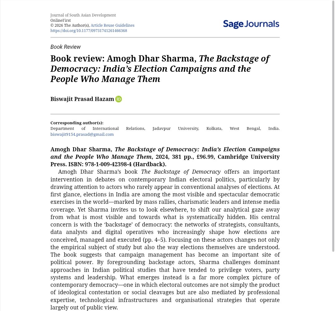 biswajit9154's tweet photo. Happy to share that #BookReview published in the Journal of South Asian Development #JSAD published @SAGEJournals
The review discusses The Backstage of Democracy by @AmoghDS and reflects on its insights into #ElectionCampaigns , #PartyOrganisation #PoliticalConsulting https://t.co/a9O62rDIIM