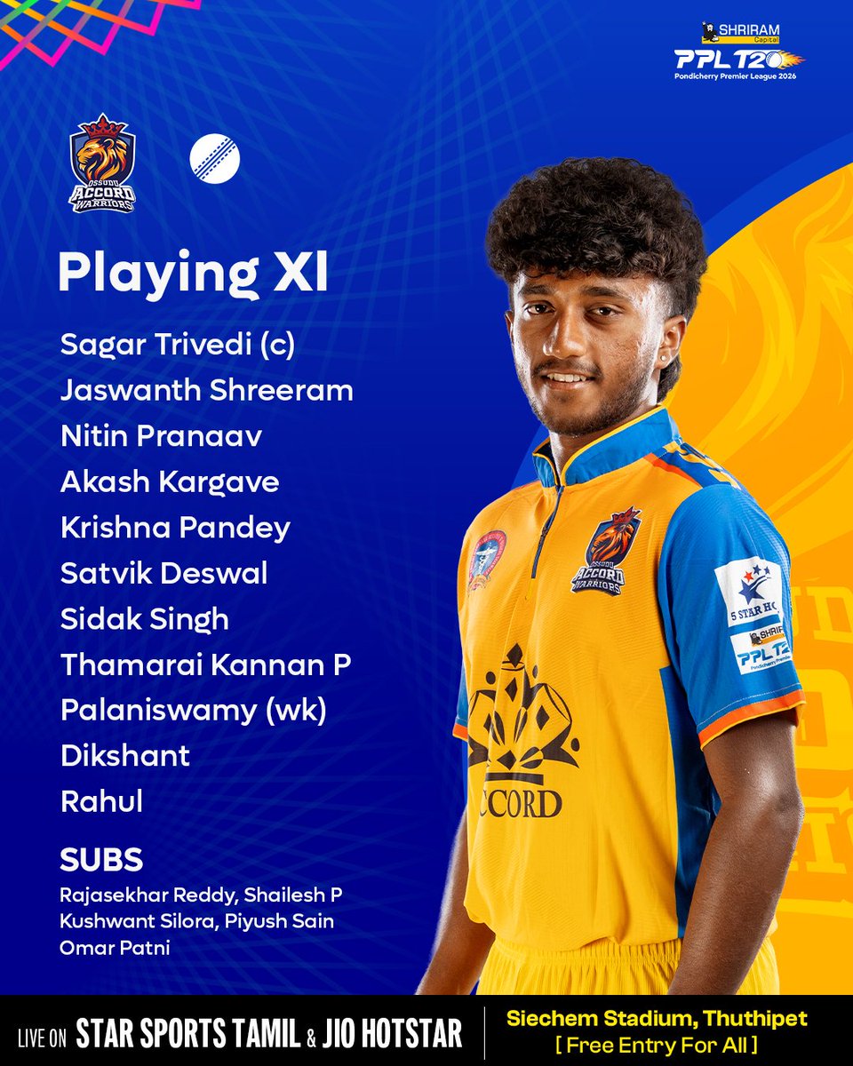 PPLT20_Cricket's tweet photo. Toss Update: Ruby White Town Legends win the toss and choose to bat first. 🏏
🗓️ July 7 – 26, 2026
📍 Siechem Stadium, Thuthipet (Free Entry)
📺 Live on Star Sports 1 Tamil
📱 Streaming on Jio Hotstar
#PPL #PPL2026 #PondicherryPremierLeague #PondicherryCricket https://t.co/k71UdBr2cP