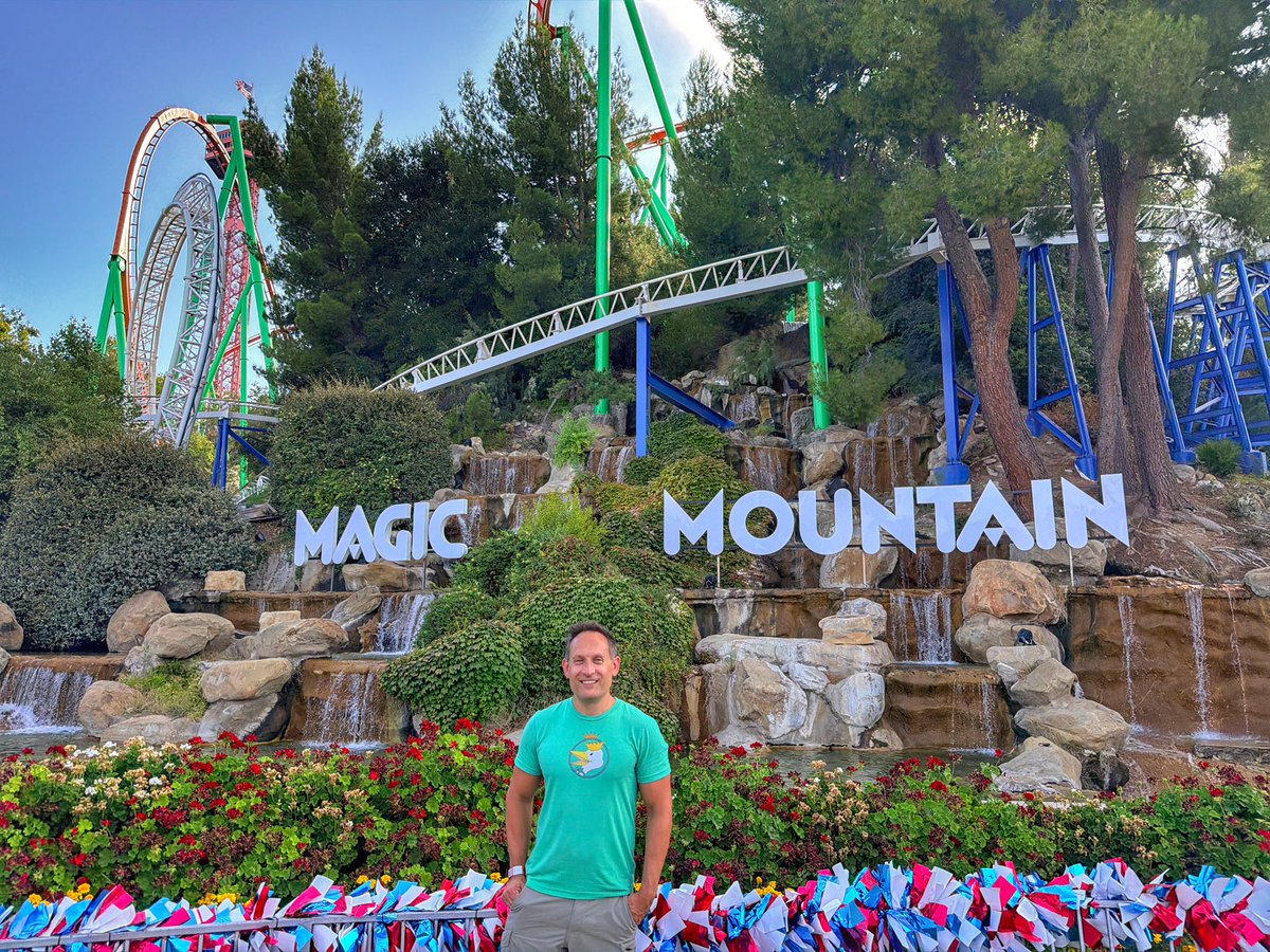 marcusleshock's tweet photo. WHAT A DAY at Six Flags Magic Mountain in Valencia, California yesterday. 🤯 

For almost four decades, I’ve been dreaming about visiting this park and riding so many of the coasters I’ve been watching from afar. 

The Great America Revolution was definitely a highlight. This was the first modern vertical loop on a roller coaster! Think about how mind blowing that had to be for people when it opened. 

This is one of those unique parks where every time you turn a corner, there is some ride where you say “oh we definitely HAVE to ride that!” Some were the biggest and fastest when they opened to the public, and others are just plain fun.

Oh … and the views are spectacular! 🏔️ 

The best part of it all was sharing the moment with my son - we got through a wild long day and some very powerful sun, picking up 11 new coaster credits.

I’ll have more to say about our experience at @SFMagicMountain in an upcoming video. What is your favorite thing about this park?