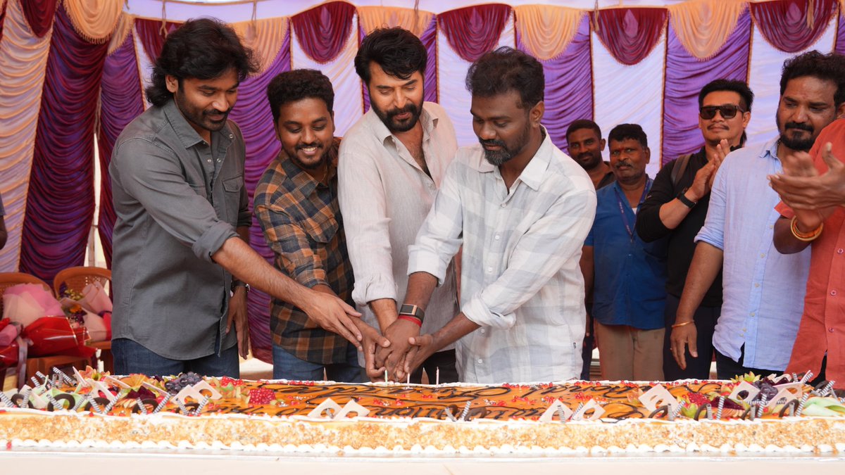 Chowdrey_Pro's tweet photo. Cake cutting celebration of our National Award winners Thalaivar @dhanushkraja , @mammukka
Sir , @Rajkumar_KP and R. Kalaivanan on the sets of #OM https://t.co/HseoMkNiLj