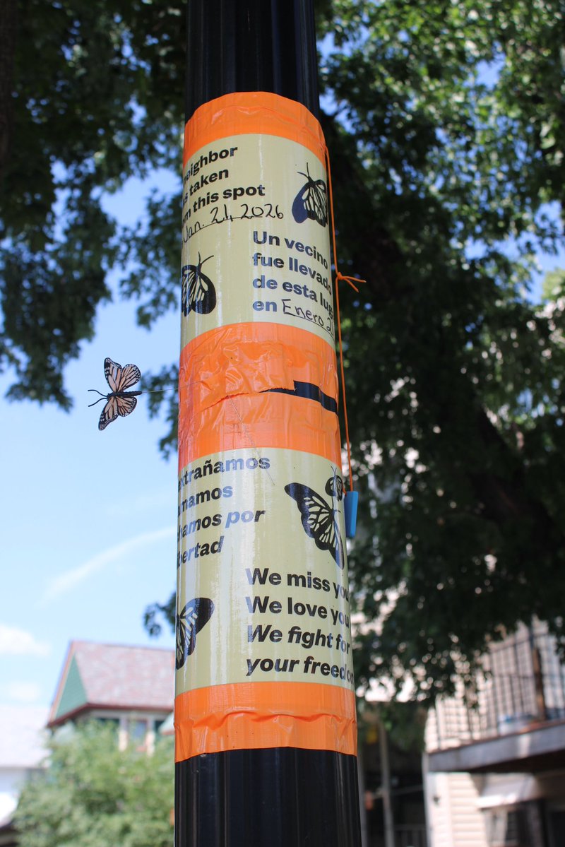 taylr's tweet photo. sign with monarch butterflies marking the spot where ICE took a neighbor in south minneapolis on january 21, 2026

“we miss you. we love you. we fight for your freedom.” https://t.co/w266lXy6xS