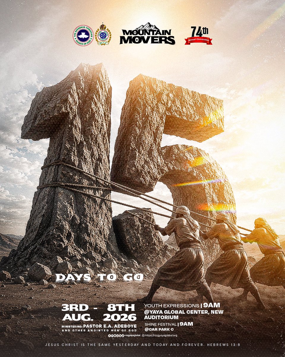 rccgyayaglobal's tweet photo. Retreat is not an option when Heaven has already equipped you for victory.

The mountain before you has met its match, and it’s a believer empowered by the Holy Spirit.

Join believers from around the world as we encounter the God who empowers ordinary people to accomplish extraordinary things at the 74th Annual RCCG Convention.

📆 3rd - 8th August 2026 | ⏱️ 9:00 AM Daily

📍 Youth Expressions: YAYA Global Center (New Auditorium)
📍Shine Festival: Car Park C, Redemption City.

Visit https://t.co/PdqKfRFh1f to register as a volunteer.

Don’t miss it for anything!

#MountainMovers #RCCGYAYAGlobal #RCCGConvention2026 #RCCGYAYAShineFestival2026 #MountainMoversYouthExpressions