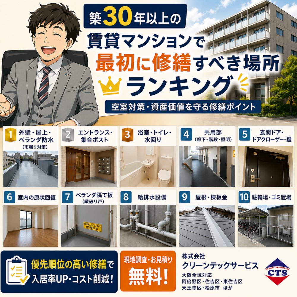 Cleantec_S's tweet photo. 【2026年版】大阪の大家さん必見！

築30年以上の賃貸マンションで
最初に修繕すべき場所ランキング
空室対策・資産価値を守る修繕ポイント
https://t.co/RG6TXhoD8h

🍀ご相談・調査・お見積り無料！

阿倍野区、東住吉区、住吉区
住之江区、天王寺区、松原市、大阪全域

#クリーンテックサービス https://t.co/rqnwbLWYIz