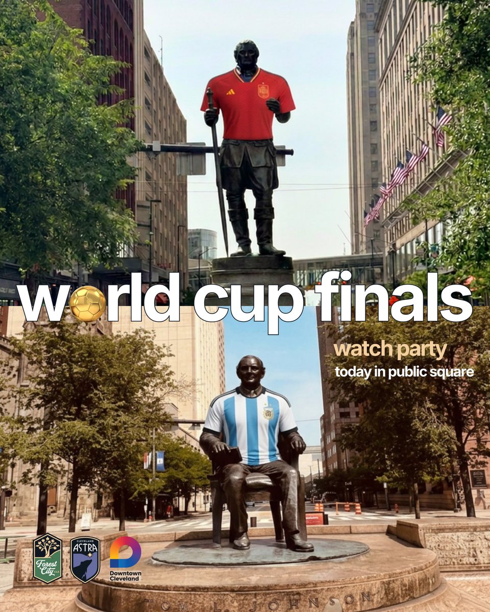cleprosoccer's tweet photo. Today is the day! Join us in Public Square for the 2026 World Cup Finals 🏆 Doors at 10 a.m. Match at 3 p.m.

Pickup soccer, giveaways, activities and Spain 🇪🇸 vs. Argentina 🇦🇷 Wear flat shoes for pickup. Bring water, snacks, chairs, umbrellas, friends.

Join us — https://t.co/SjRuG84kud