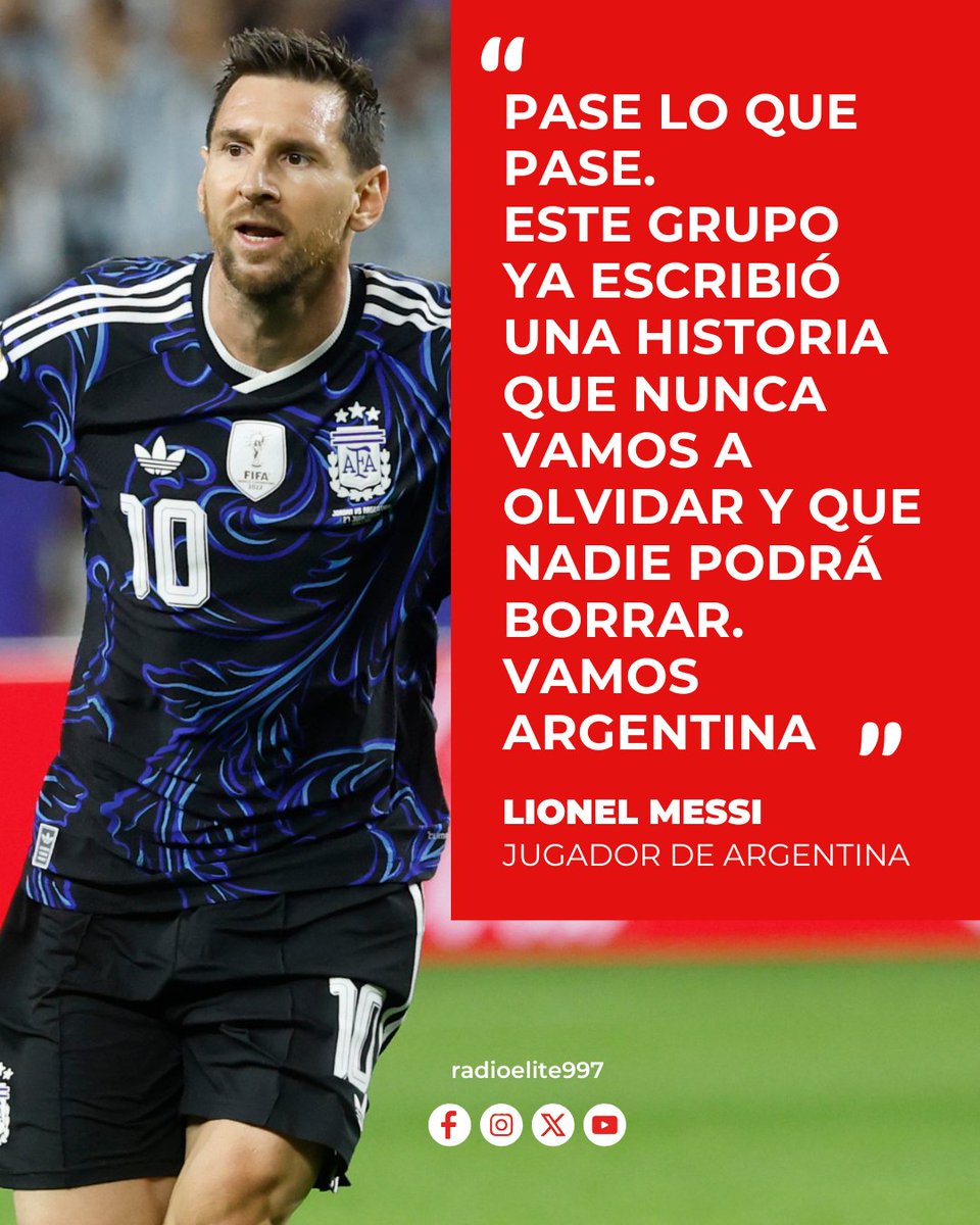 RadioElite997's tweet photo. 🚨🇦🇷 Lionel Messi compartió un emotivo mensaje antes de un nuevo desafío con la Selección Argentina.

El capitán destacó que el mayor logro no han sido únicamente los títulos, sino el camino recorrido junto a sus compañeros, el cuerpo técnico y todas las personas que forman parte del equipo.

🗣️ "Pase lo que pase, este grupo ya escribió una historia que nunca vamos a olvidar y que nadie podrá borrar", expresó el astro argentino en sus redes sociales.

❤️⚽ Un mensaje que refleja la unión y el legado de una generación que marcó una época en el fútbol mundial.

#LionelMessi #Messi #SelecciónArgentina #Mundial2026 #EliteNoticias #RadioElite