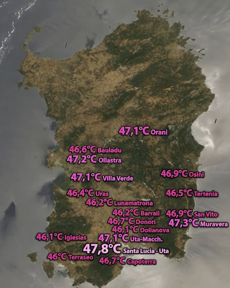 extremetemps's tweet photo. ‼️ALMOST 48c IN SARDINIA🇮🇹
47.8C at Sta Lucia Capoterra
(map kudos of Matteo Tidili,a Sardinian Meteorologist).

Next week ,SE Spain🇪🇸 will attempt to beat it,
with a powerful "ponentada" between Murcia and the Valentian Community.

It looks like there is a Heat World Cup🏆 https://t.co/0SGOIHMvc4