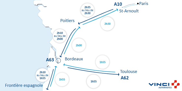A62Trafic's tweet photo. #Infotrafic à 15h00 ⏱️ Vos temps de parcours sur @A10Trafic, @A62Trafic et @A63Trafic. #BienVoyager #A62 https://t.co/iYy9xkxmuq