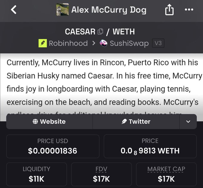 SlotDegen's tweet photo. So SushiSwap is trying to become the main DEX for Robinhood.

It only makes sense for @alexmccurryo’s dog Caesar to be one of the frontrunners for the Robinhood pair on SushiSwap. Great fucking name for a dog too.

0x1B575b496Ce71bFC1cFe45B2faF2a2CCf596133d

https://t.co/seAz0YQcYE