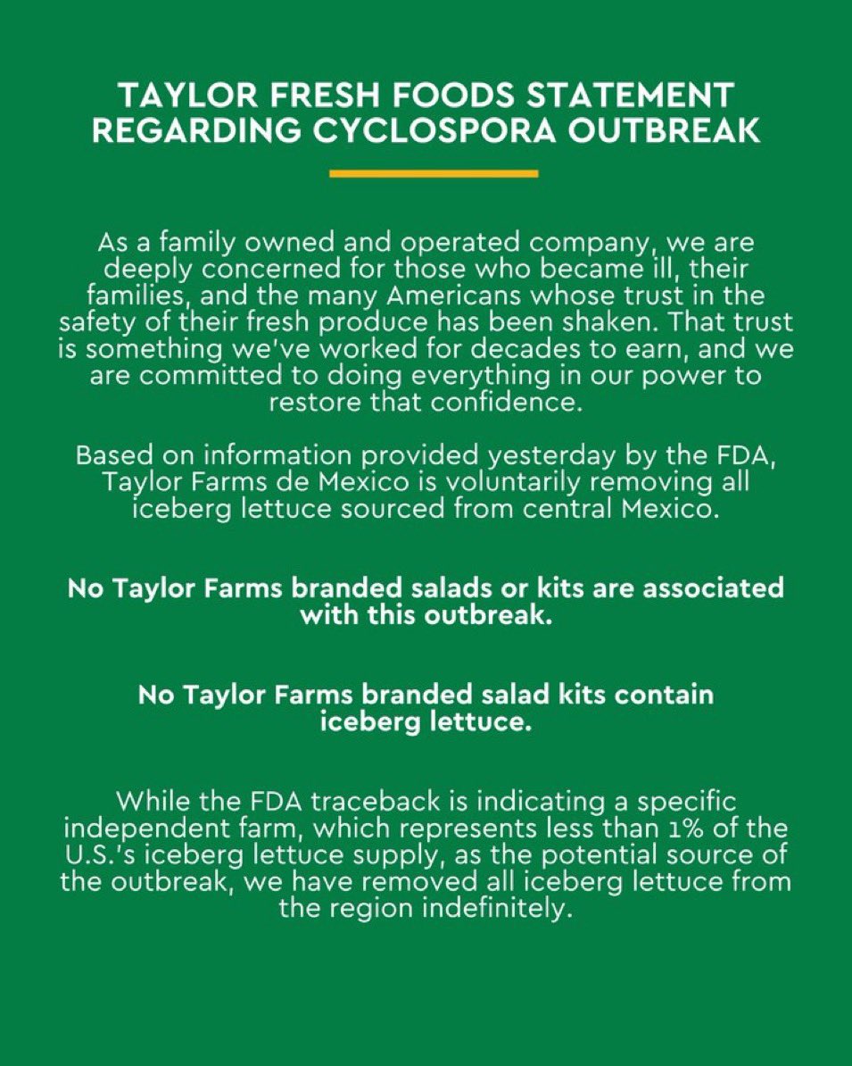 BlockTopickz's tweet photo. Despite Taylor Farms’ statement claiming its branded products weren’t linked to the outbreak, here’s what’s actually been confirmed:

• The FDA found a sample of Taylor Farms de Mexico shredded iceberg lettuce that tested positive for Cyclospora.

• That contaminated lot was caught through import surveillance — separate from the recall Taylor Farms had already announced.

• The lot has been detained, and Taylor Farms is still trying to determine if any of it made it to consumers.

• Taco Bell pulled lettuce from this same supplier in five states after the FDA traced illnesses back to it.

• The outbreak has sickened 1,644 people and hospitalized 94 across five states.

📰: @FoxNews 
🔗: https://t.co/dj0UY7Xm0h