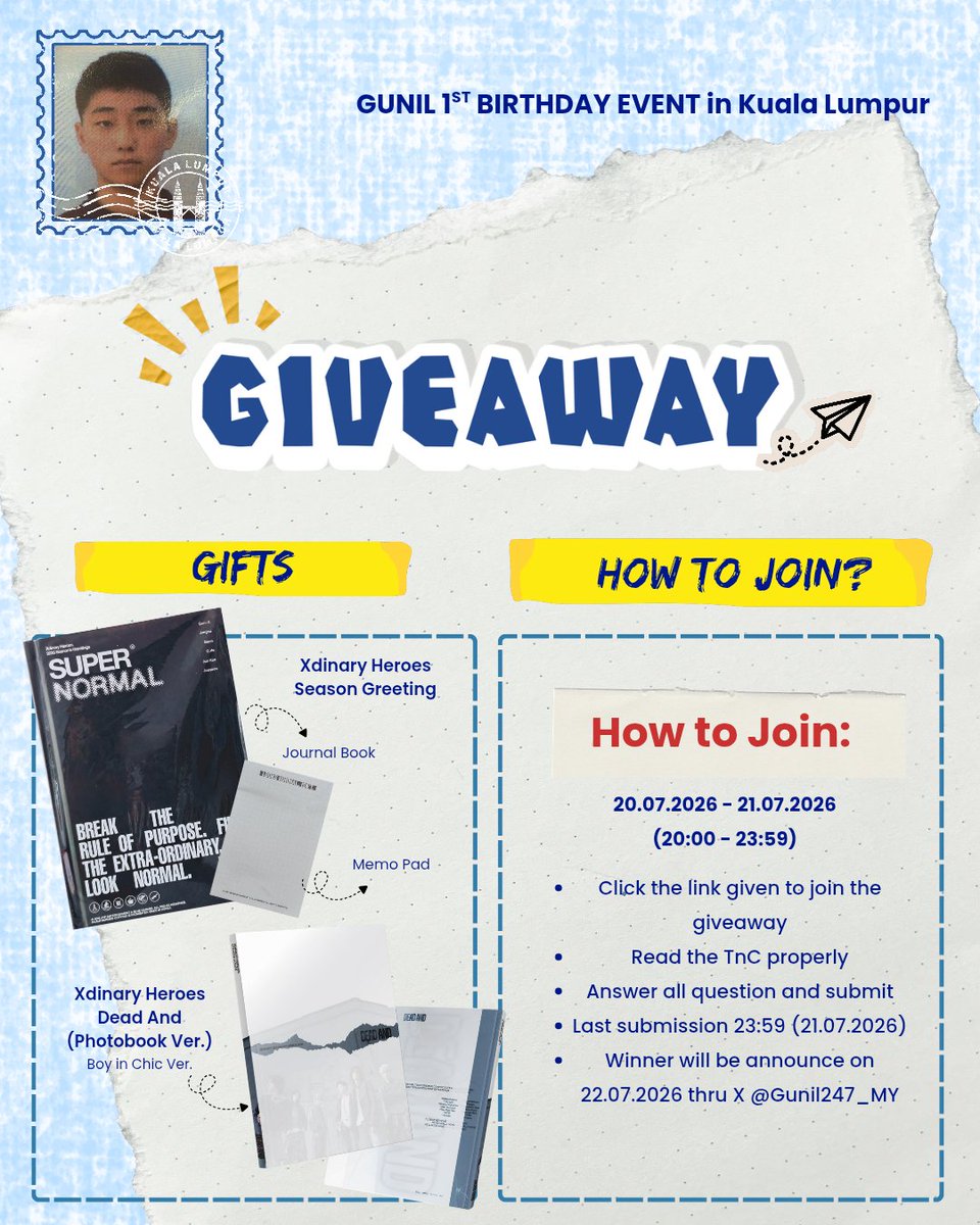Gunil247_MY's tweet photo. Hi everyone! admin is back 🐹
1 week away before Gunil's birthday, so we wanna do something for all of Myvill!

Small Giveaway:
📆 20.07.2026-21.07.2026
🕑 20:00-23:59
form will be given tomorrow!

#247BeatsForGunil #Gunil #건일 #XdinaryHeroes https://t.co/3qXLUU5dcV