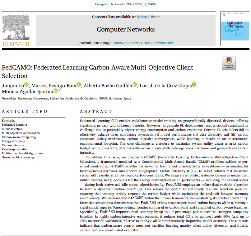 SISCOM_UPC's tweet photo. Members of the SISCOM research group of the @ENTEL_UPC Dpt. at the @la_UPC published the paper "FedCAMO: Federated Learning Carbon-Aware Multi-Objective Client Selection", in Computer Networks https://t.co/RH7S73Txoc
@luisjdelacruz @abguillen97  @MonicaAguilarIg https://t.co/zXbh4JZDDl