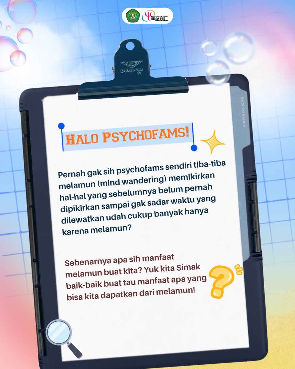 HimapsiUnmul's tweet photo. Heyhoo, Psychofams!!

Pernah tiba-tiba mikir gak sih, saat sedang melamun (mind wandering), apakah akan berdampak baik atau buruk bagi otak? 

Faktanya, melamun bisa memberikan manfaat bagi kita loh! https://t.co/86J3wmO4L0