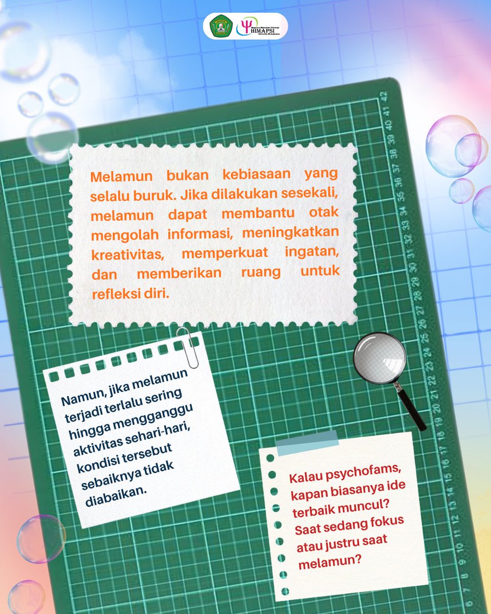 HimapsiUnmul's tweet photo. Namun, kita tetap perlu memperhatikan saat-saat melamun dan jangan sampai melamun yang kita alami dapat menganggu konsentrasi atau bahkan kehidupan sehari-sehari.
Yuk kita cari tau lebih lanjut tentang manfaat dari melamun! https://t.co/YcWYo4GhHa