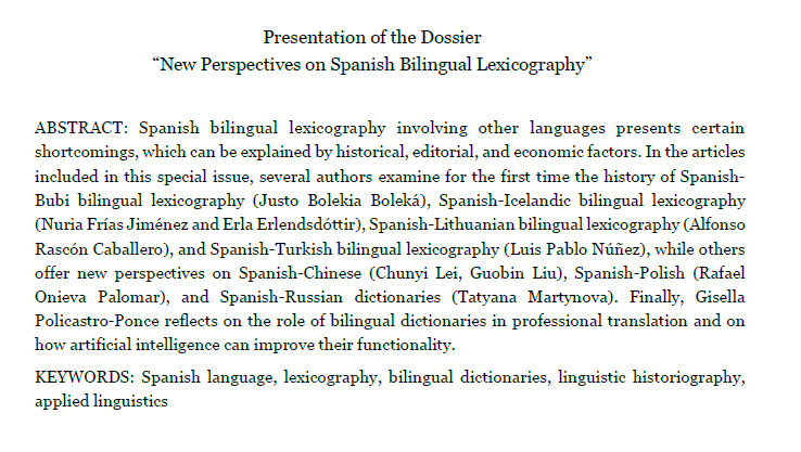 lpnunez's tweet photo. New special issue on bilingual Spanish #lexicography:
https://t.co/1VaECK0qTM
@CanalUGR @Euralex_news @ISHLL3 @ichll15 @elex_conference @Kdictionary_bot @AELex_twit @LexicographyHQ @lexicography @asialex_org @WiedzaPowsz @inkilapkitabevi @QAInternational @OED @Larousse_ESP https://t.co/jXiHErhTSl